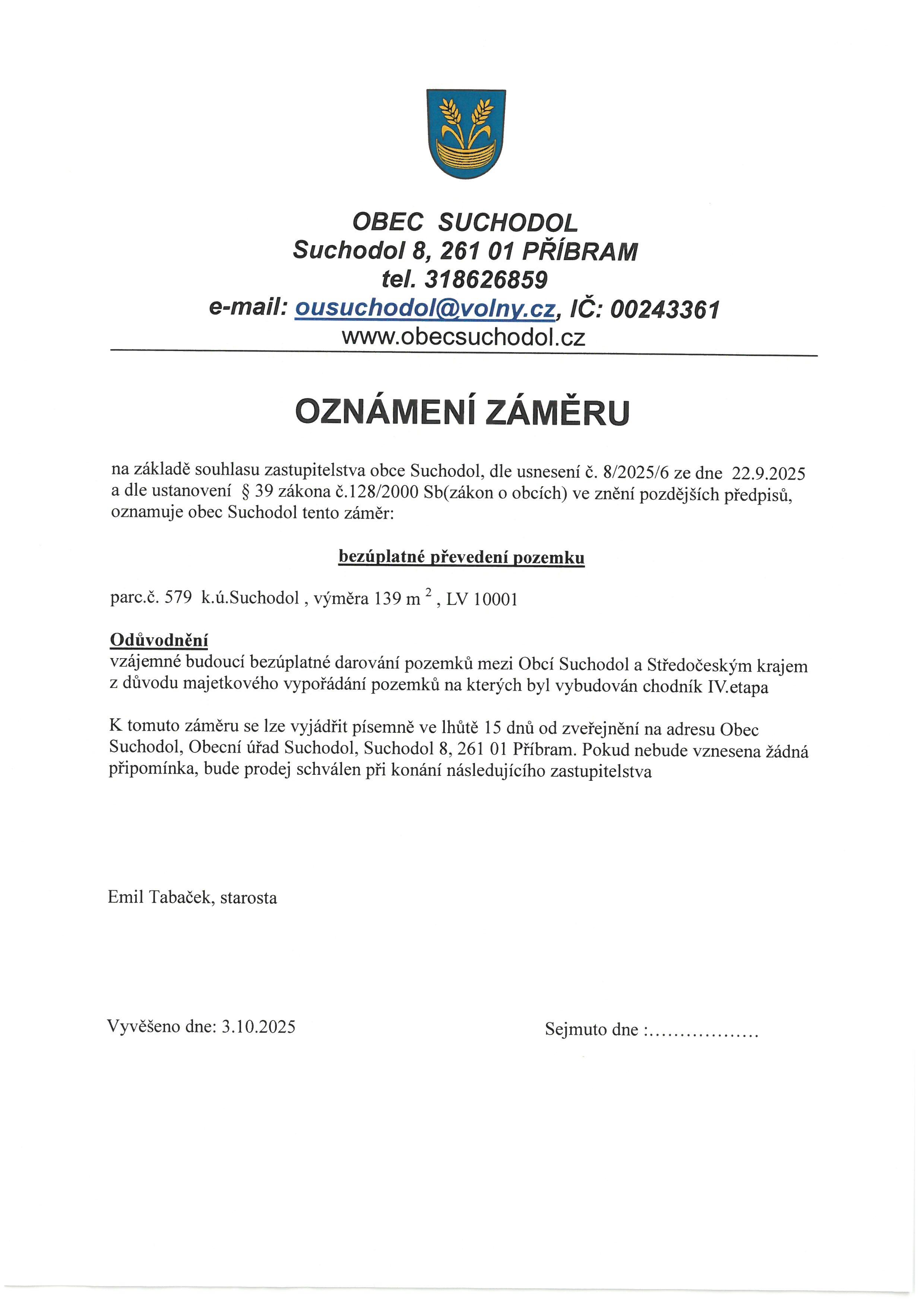Oznámení záměru 